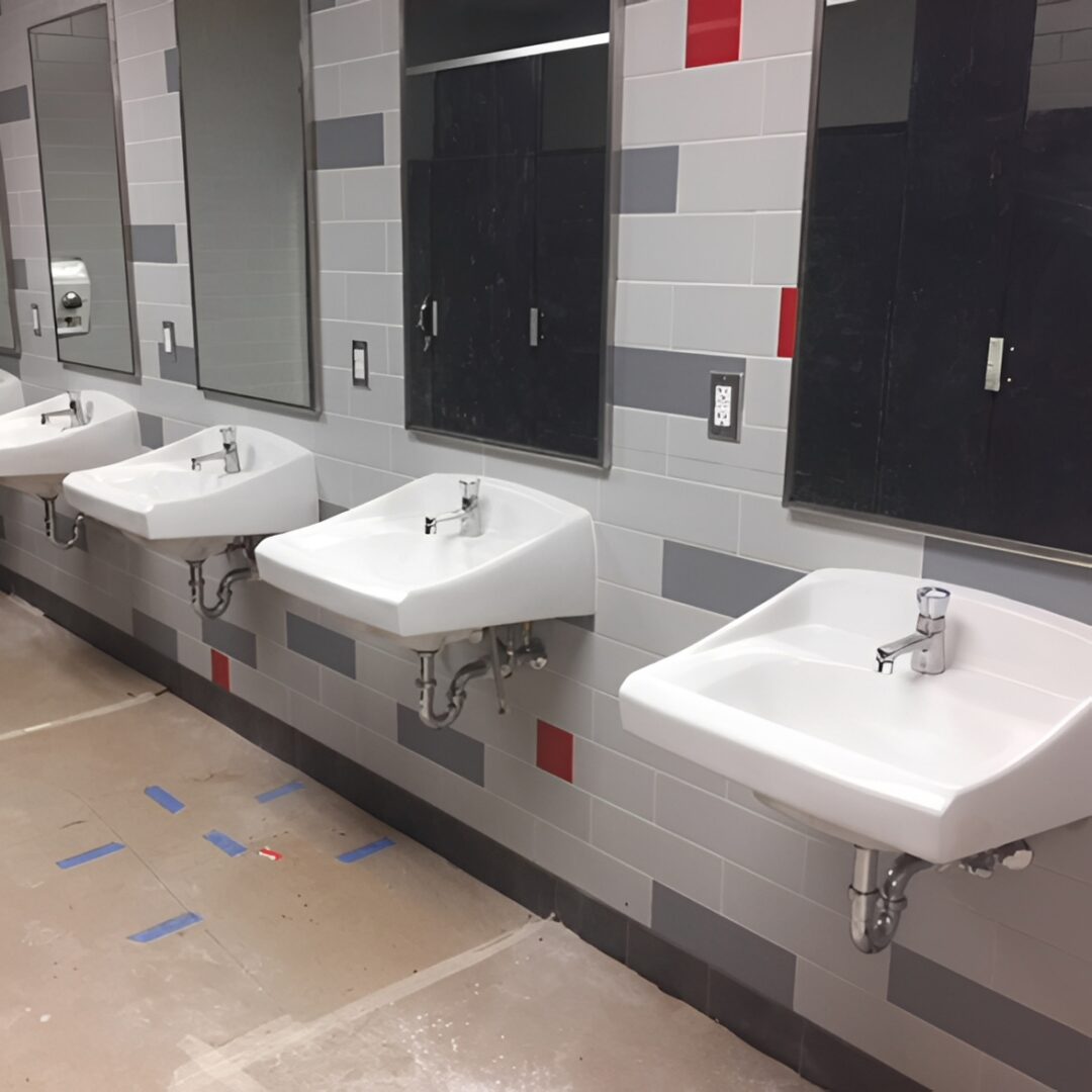 Tiled restroom featuring multiple sinks