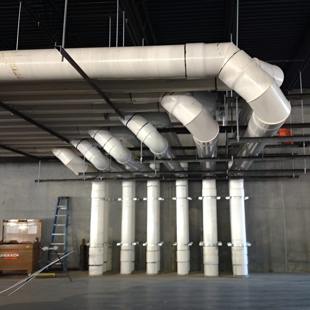 Industrial ventilation system in warehouse ceiling