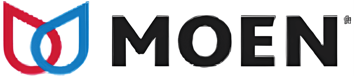 Moen logo with red and blue design